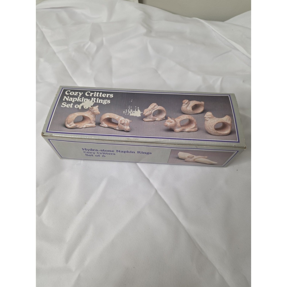 COZY CRITTERS HYDRA-STONE NAPKIN RINGS SET OF 6 TOYO KOREA ANIMALS PETS IN BOX